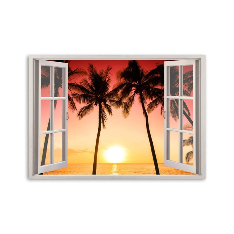 Modernes Wandbild - Fenster - Sonne und Palmen | Feeby