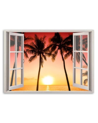 Modernes Wandbild - Fenster - Sonne und Palmen | Feeby