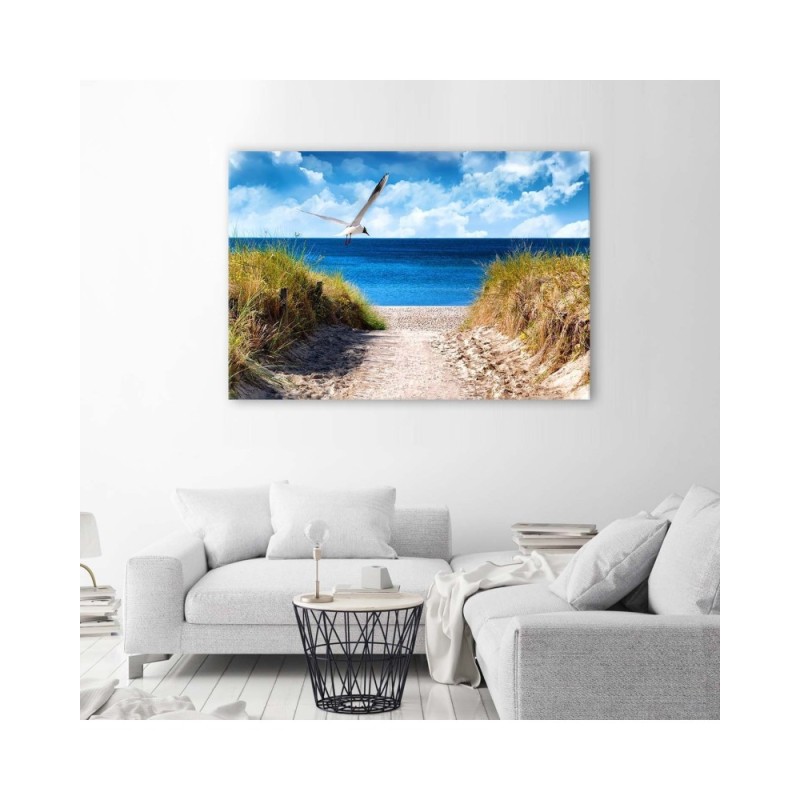 Modernes Wandbild - Weg zum Strand und eine Möwe | Feeby
