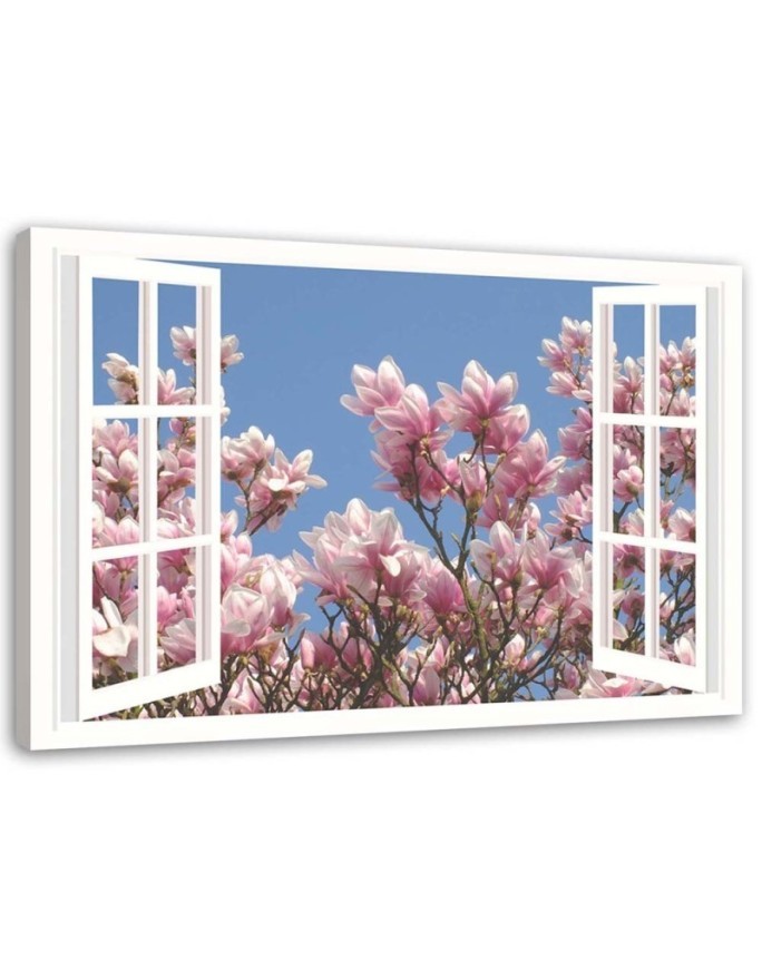 Leinwanddruck - Blühende Magnolie vor dem Fenster | Feeby
