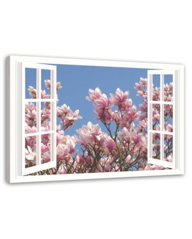 Leinwanddruck - Blühende Magnolie vor dem Fenster | Feeby