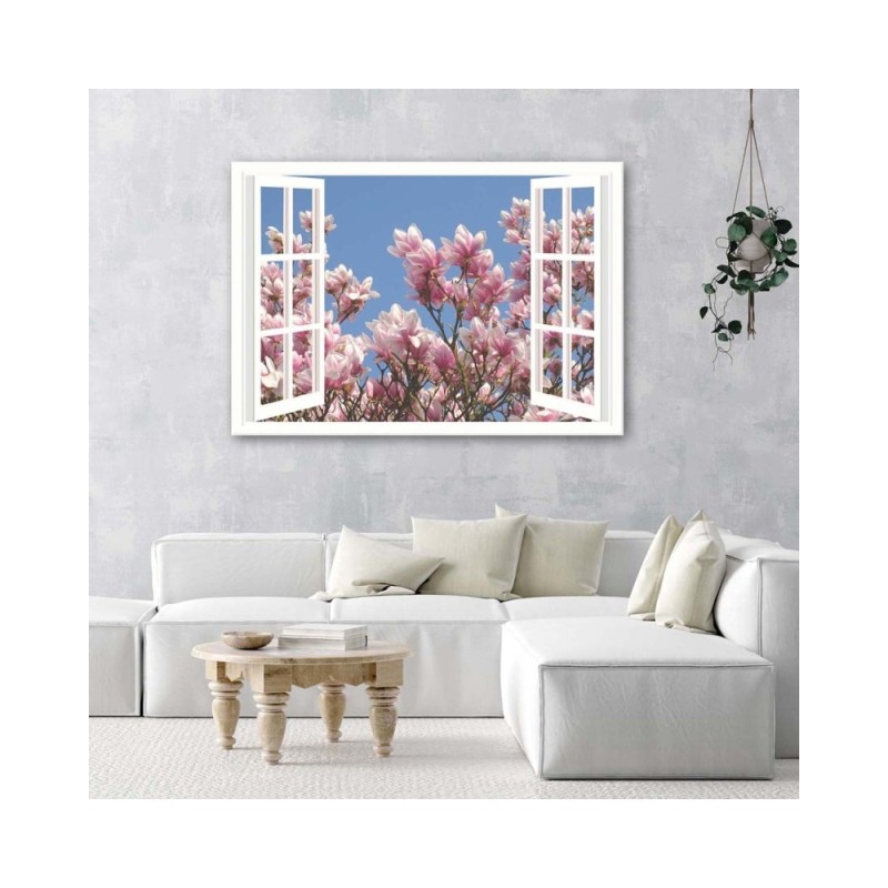 Leinwanddruck - Blühende Magnolie vor dem Fenster | Feeby