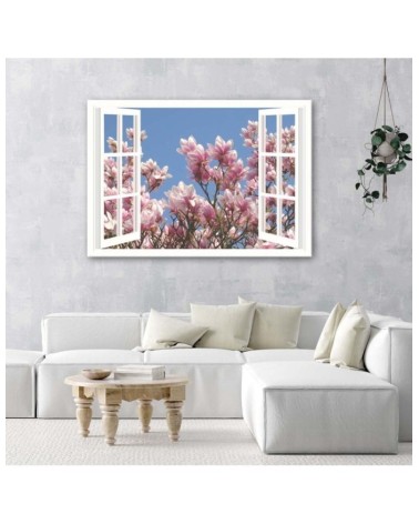 Leinwanddruck - Blühende Magnolie vor dem Fenster | Feeby