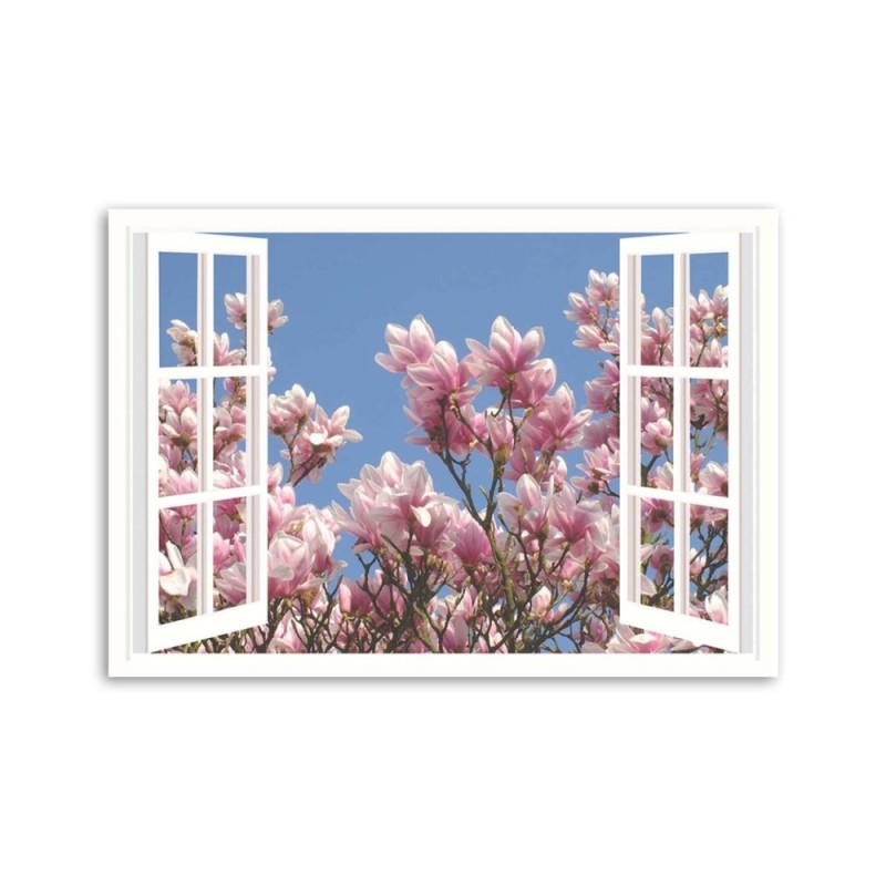Leinwanddruck - Blühende Magnolie vor dem Fenster | Feeby