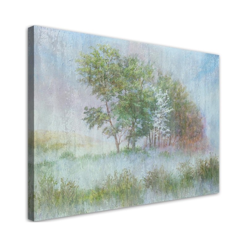 Leinwandbild - Bäume auf einer nebligen Wiese | Feeby