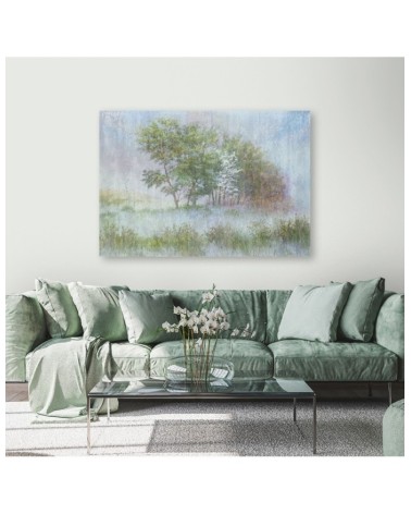 Leinwandbild - Bäume auf einer nebligen Wiese | Feeby