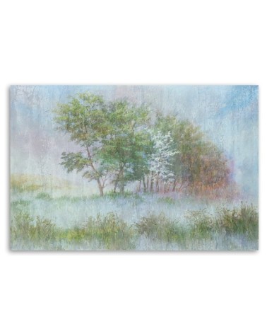 Leinwandbild - Bäume auf einer nebligen Wiese | Feeby