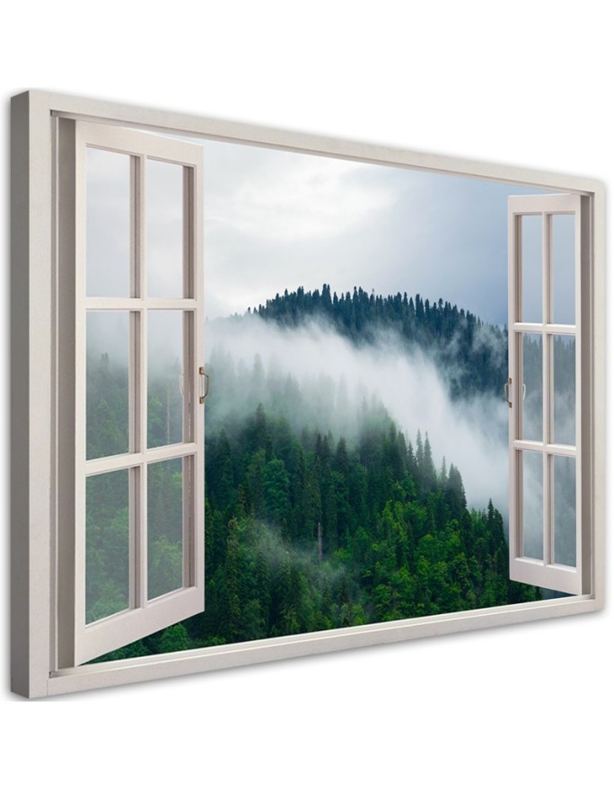 Leinwandbild - Fensterblick Wald im Nebel | Feeby