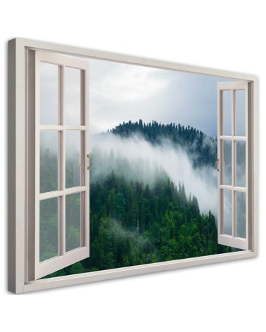 Leinwandbild - Fensterblick Wald im Nebel | Feeby