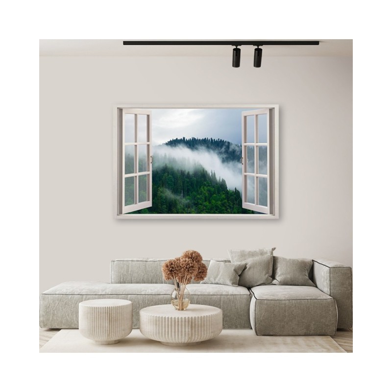 Leinwandbild - Fensterblick Wald im Nebel | Feeby