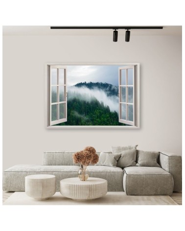 Leinwandbild - Fensterblick Wald im Nebel | Feeby