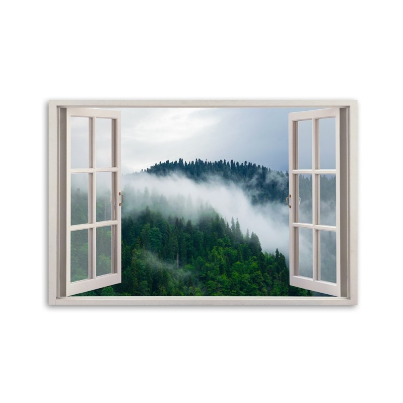 Leinwandbild - Fensterblick Wald im Nebel | Feeby