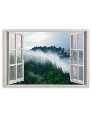 Leinwandbild - Fensterblick Wald im Nebel | Feeby