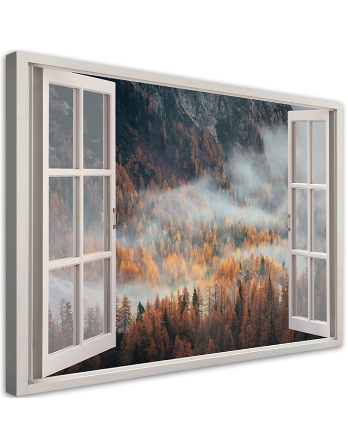 Bild auf Leinwand - Fensterblick Wald im Nebel Berge | Feeby