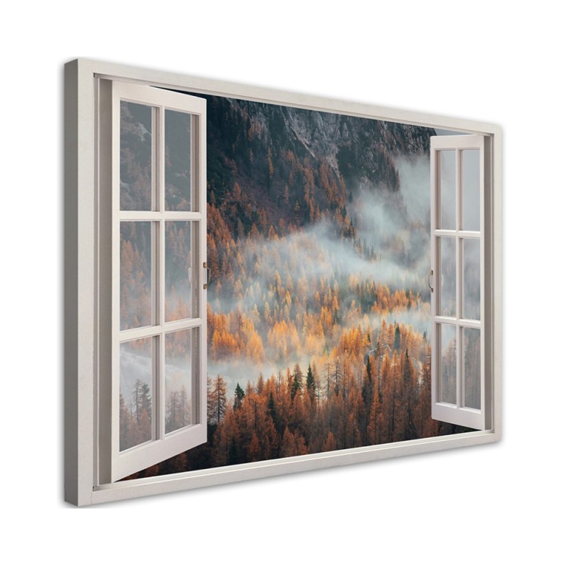 Bild auf Leinwand - Fensterblick Wald im Nebel Berge | Feeby