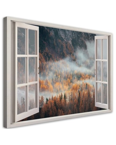 Bild auf Leinwand - Fensterblick Wald im Nebel Berge | Feeby