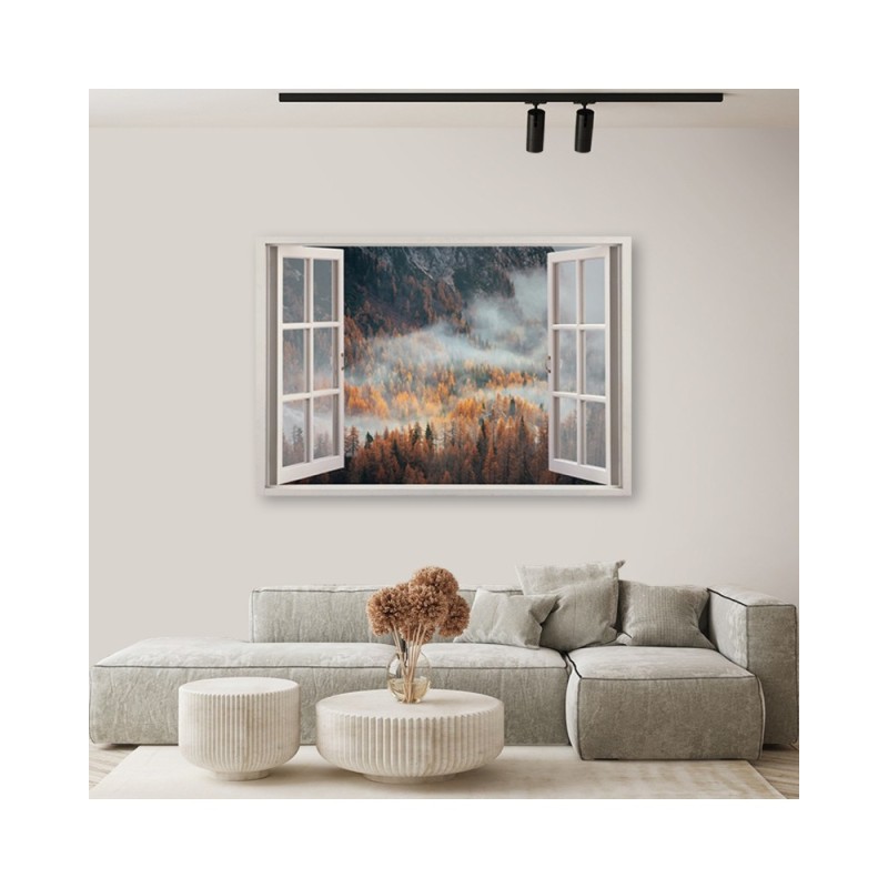 Bild auf Leinwand - Fensterblick Wald im Nebel Berge | Feeby