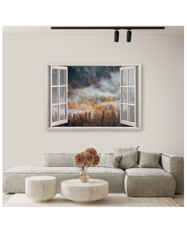 Bild auf Leinwand - Fensterblick Wald im Nebel Berge | Feeby