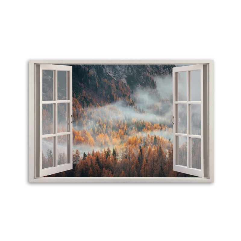 Bild auf Leinwand - Fensterblick Wald im Nebel Berge | Feeby