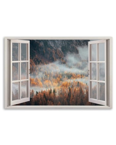 Bild auf Leinwand - Fensterblick Wald im Nebel Berge | Feeby