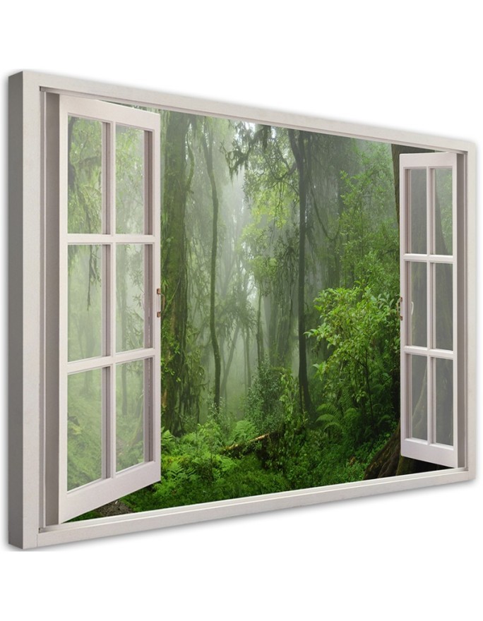 Leinwandbild - Fensterblick Wald im Nebel Dschungel | Feeby