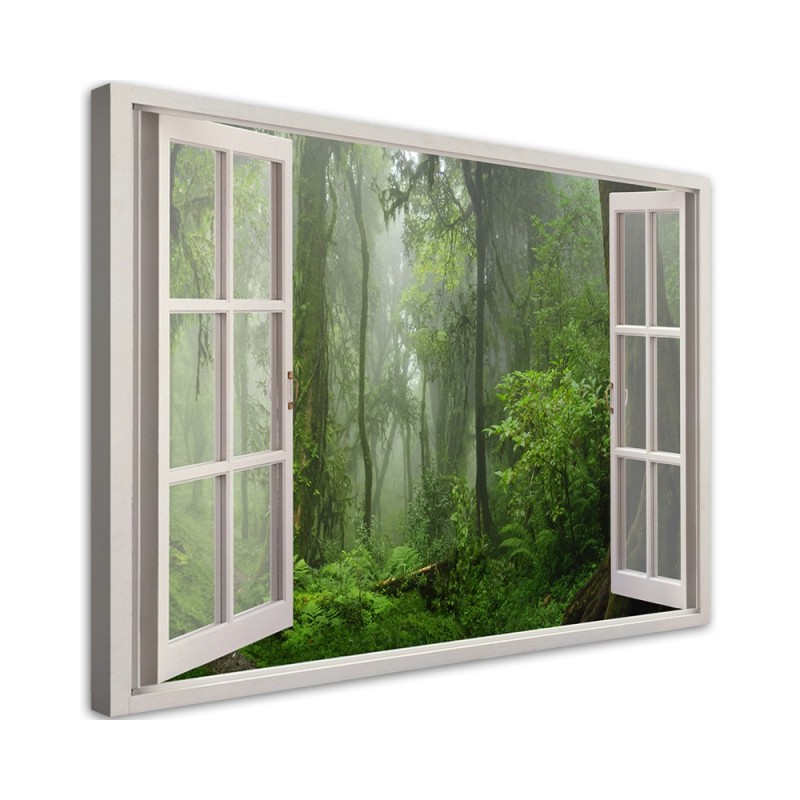 Leinwandbild - Fensterblick Wald im Nebel Dschungel | Feeby