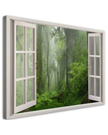 Leinwandbild - Fensterblick Wald im Nebel Dschungel | Feeby