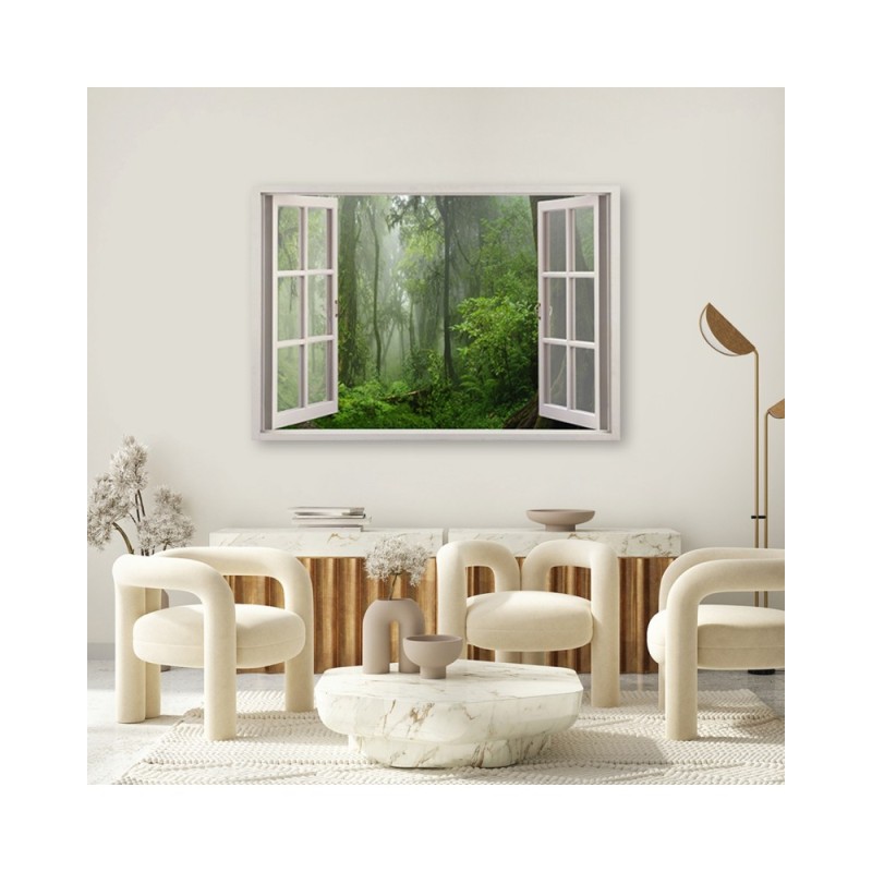 Leinwandbild - Fensterblick Wald im Nebel Dschungel | Feeby