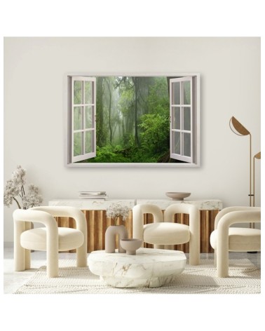 Leinwandbild - Fensterblick Wald im Nebel Dschungel | Feeby