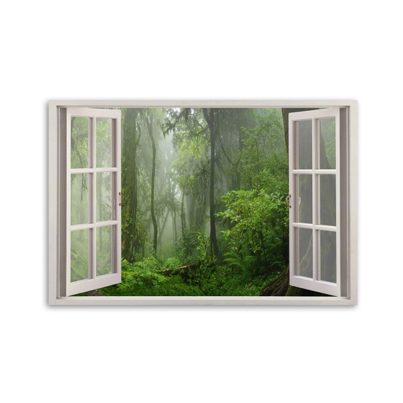 Leinwandbild - Fensterblick Wald im Nebel Dschungel | Feeby
