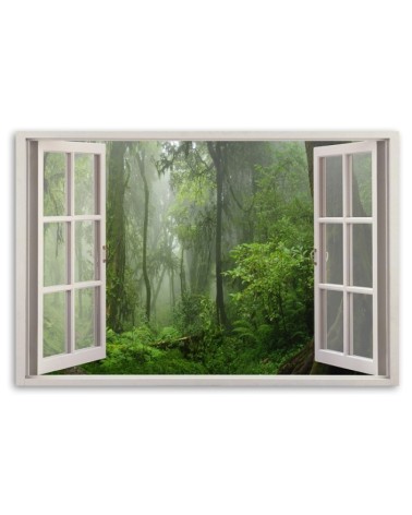 Leinwandbild - Fensterblick Wald im Nebel Dschungel | Feeby