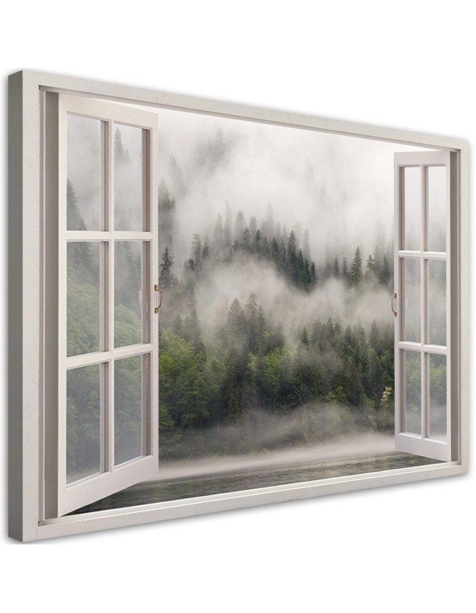 Wandbild für Wohnzimmer - Fensterblick Wald im Nebelsee | Feeby