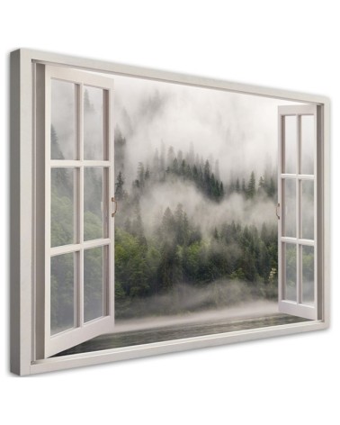 Wandbild für Wohnzimmer - Fensterblick Wald im Nebelsee | Feeby