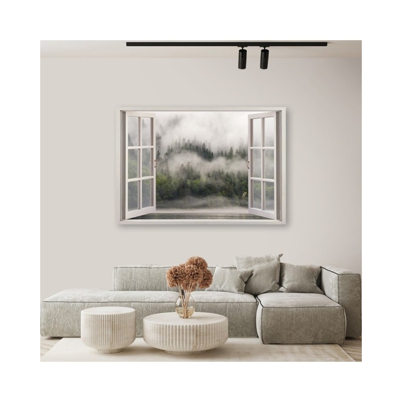 Wandbild für Wohnzimmer - Fensterblick Wald im Nebelsee | Feeby
