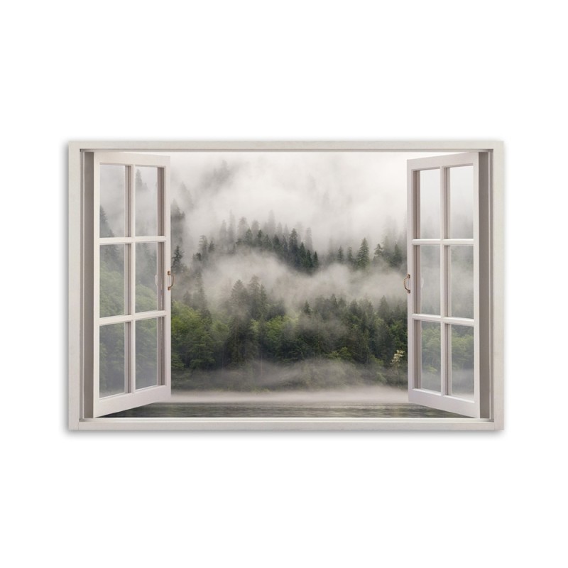 Wandbild für Wohnzimmer - Fensterblick Wald im Nebelsee | Feeby