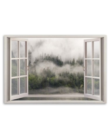 Wandbild für Wohnzimmer - Fensterblick Wald im Nebelsee | Feeby