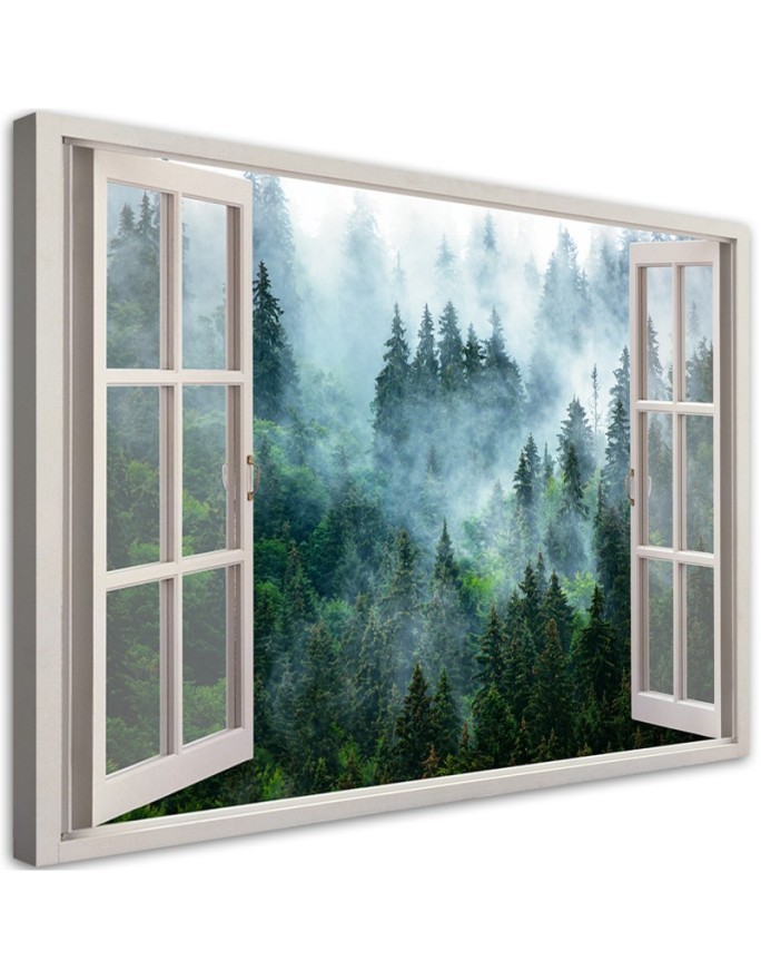 Modernes Wandbild - Fensterblick Wald im Nebel Natur | Feeby