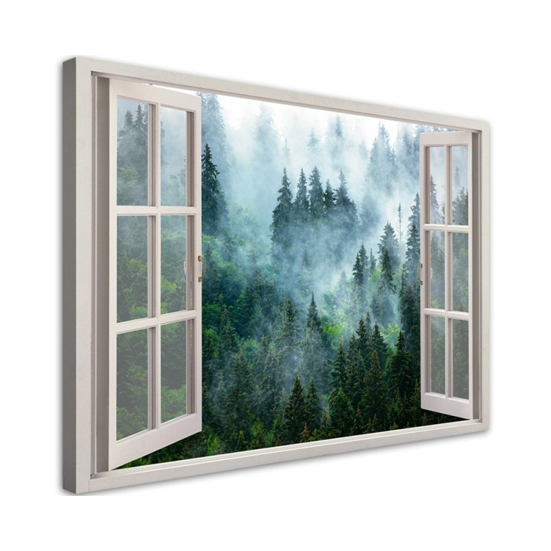 Modernes Wandbild - Fensterblick Wald im Nebel Natur | Feeby