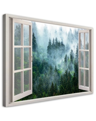 Modernes Wandbild - Fensterblick Wald im Nebel Natur | Feeby