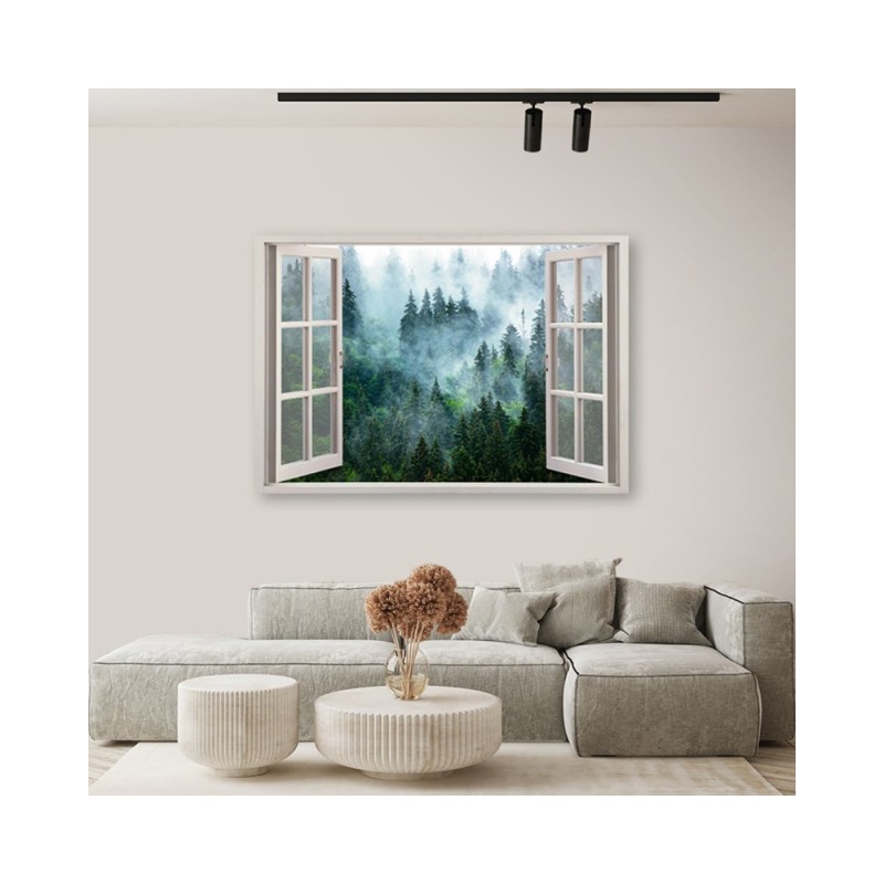 Modernes Wandbild - Fensterblick Wald im Nebel Natur | Feeby