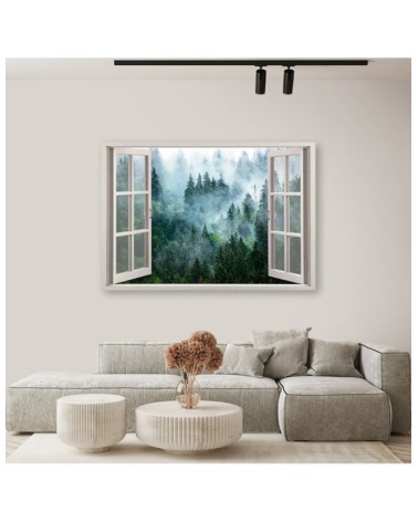 Modernes Wandbild - Fensterblick Wald im Nebel Natur | Feeby