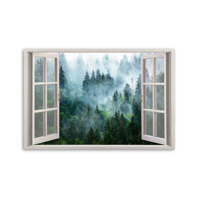 Modernes Wandbild - Fensterblick Wald im Nebel Natur | Feeby