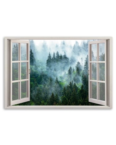 Modernes Wandbild - Fensterblick Wald im Nebel Natur | Feeby