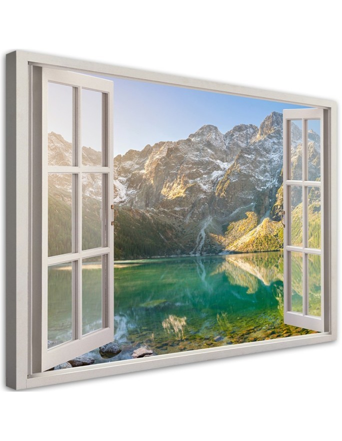Leinwandbild - Fensterblick Wald im Nebel Berge | Feeby