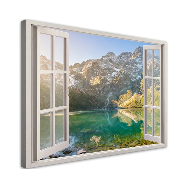Leinwandbild - Fensterblick Wald im Nebel Berge | Feeby