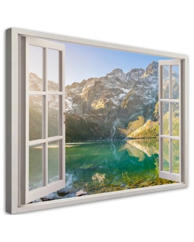 Leinwandbild - Fensterblick Wald im Nebel Berge | Feeby