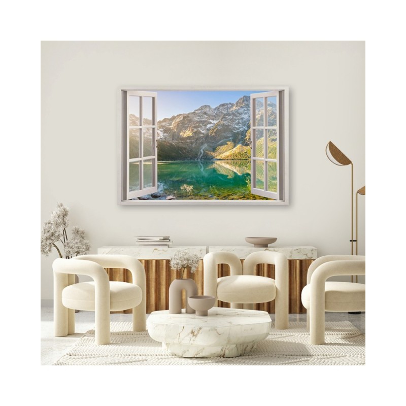 Leinwandbild - Fensterblick Wald im Nebel Berge | Feeby