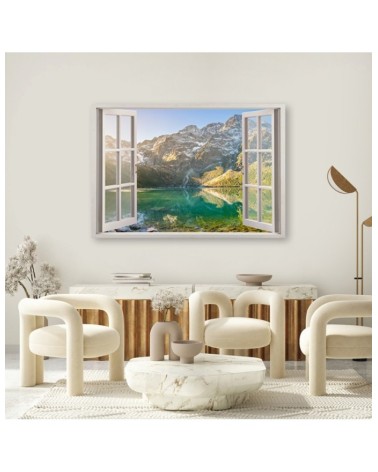 Leinwandbild - Fensterblick Wald im Nebel Berge | Feeby