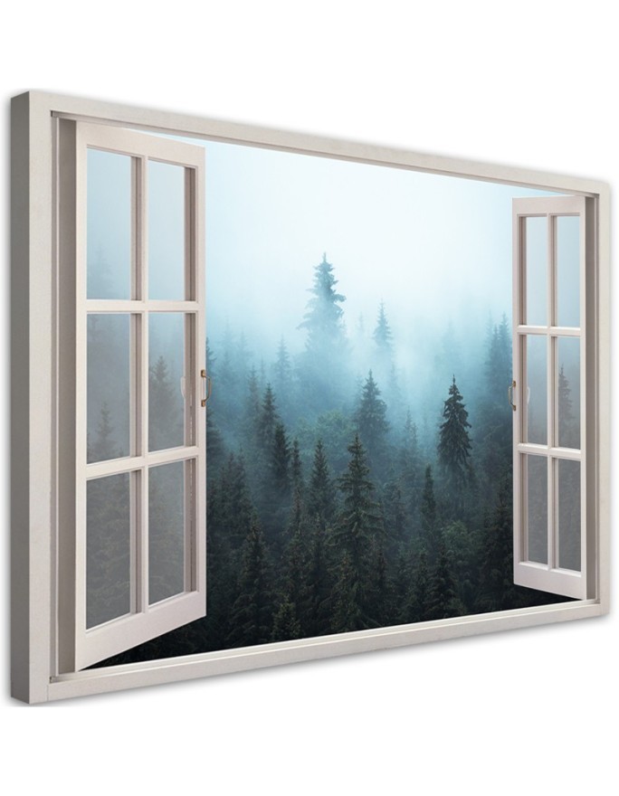 Leinwandbild - Fenster anzeigen Wald in Nebel Natur | Feeby