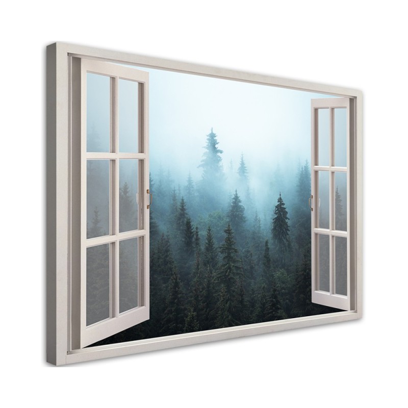 Leinwandbild - Fenster anzeigen Wald in Nebel Natur | Feeby